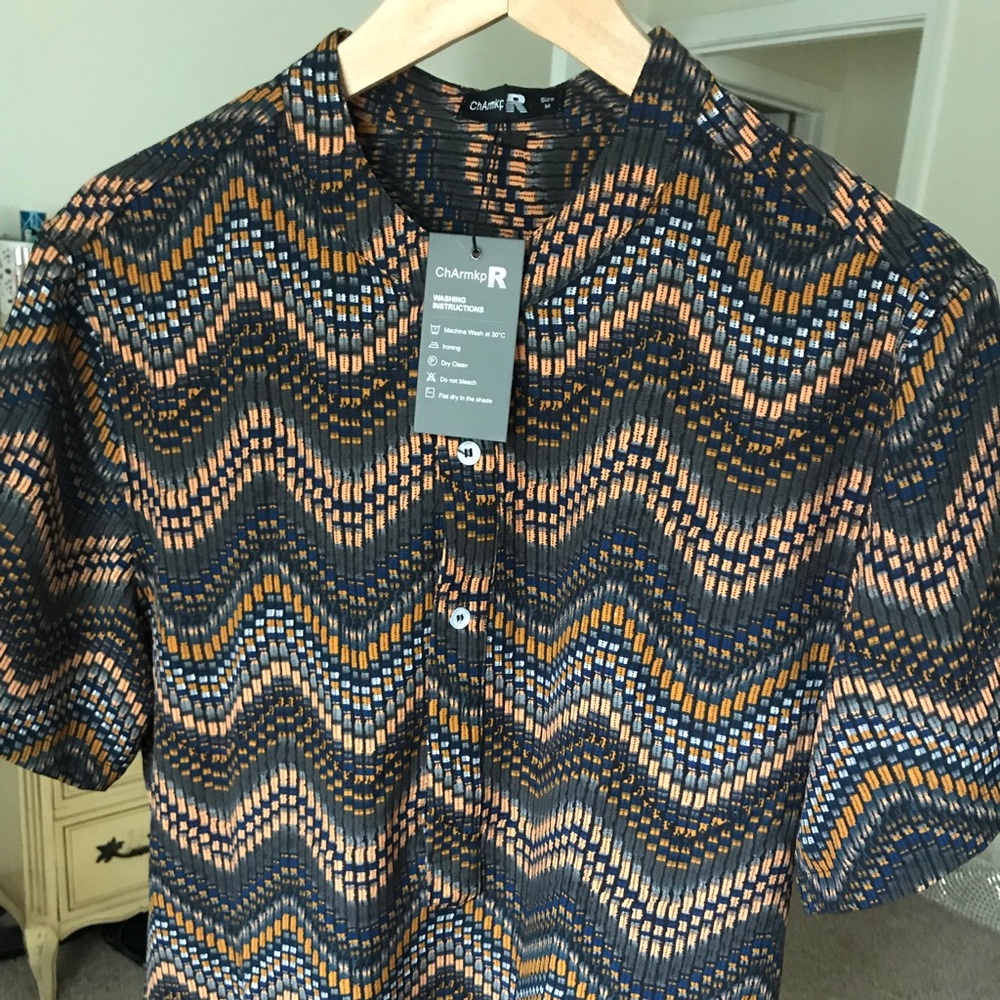 Chevron print Mandarin Collar short sleeve Shirt